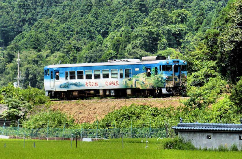 The Sky Castle train approaching Ikuno in the mountains of Hyogo.