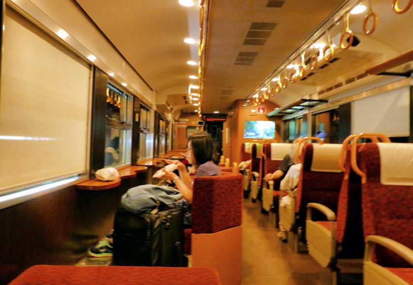 The interior of the Sky Castle train as it passes through a tunnel.