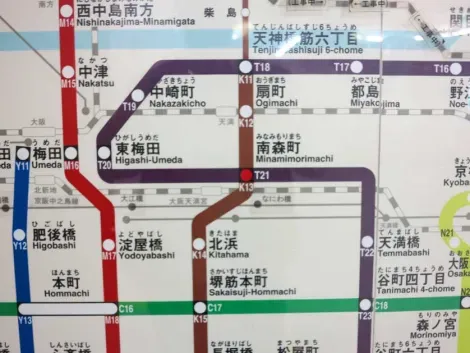 Osaka Subway map showing the purple Tanimachi Line