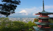 Pagoda with Mt Fuji in the background. 