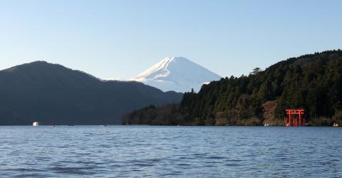 Lake Ashi, Hakone, with a red Torii in the water